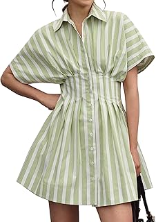 MISSACTIVER Women Pleated Button Down Shirt Dress Short Sleeve Striped Corset Mini Dresses Casual Summer Short Dress