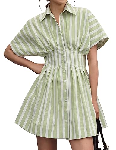 Women Summer Short Sleeve Button Front Pleated Shirt Dress Striped