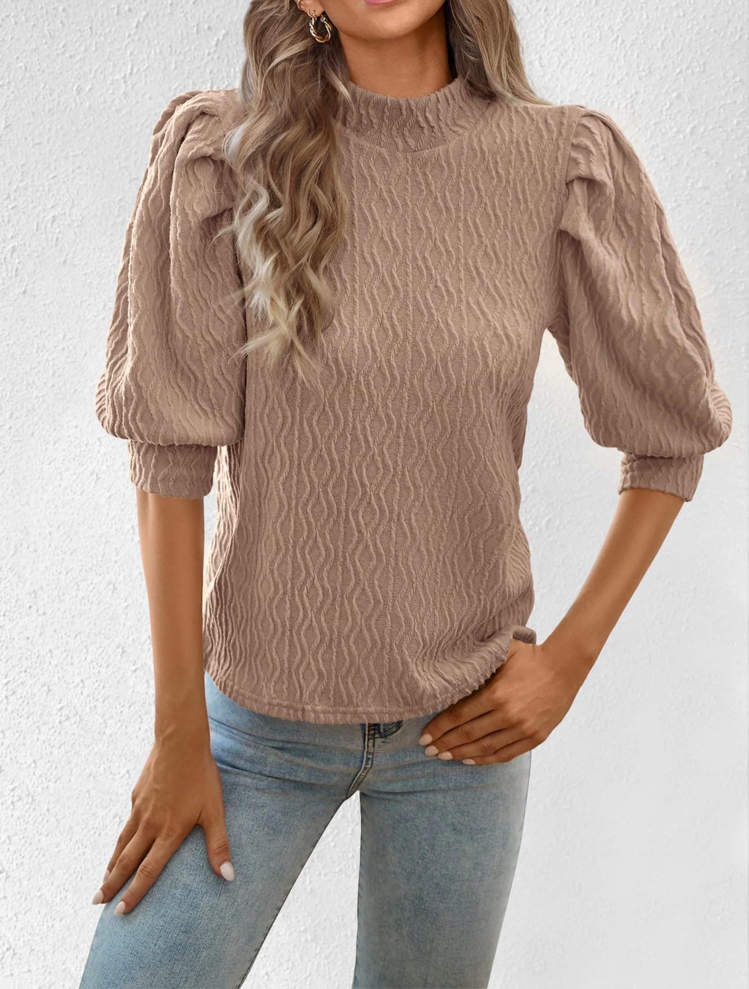 Top con Maniche da Donna, Elegante, Casual, con Collo a Lupetto, Camicetta a Sbuffo, Abiti da Lavoro in Maglia