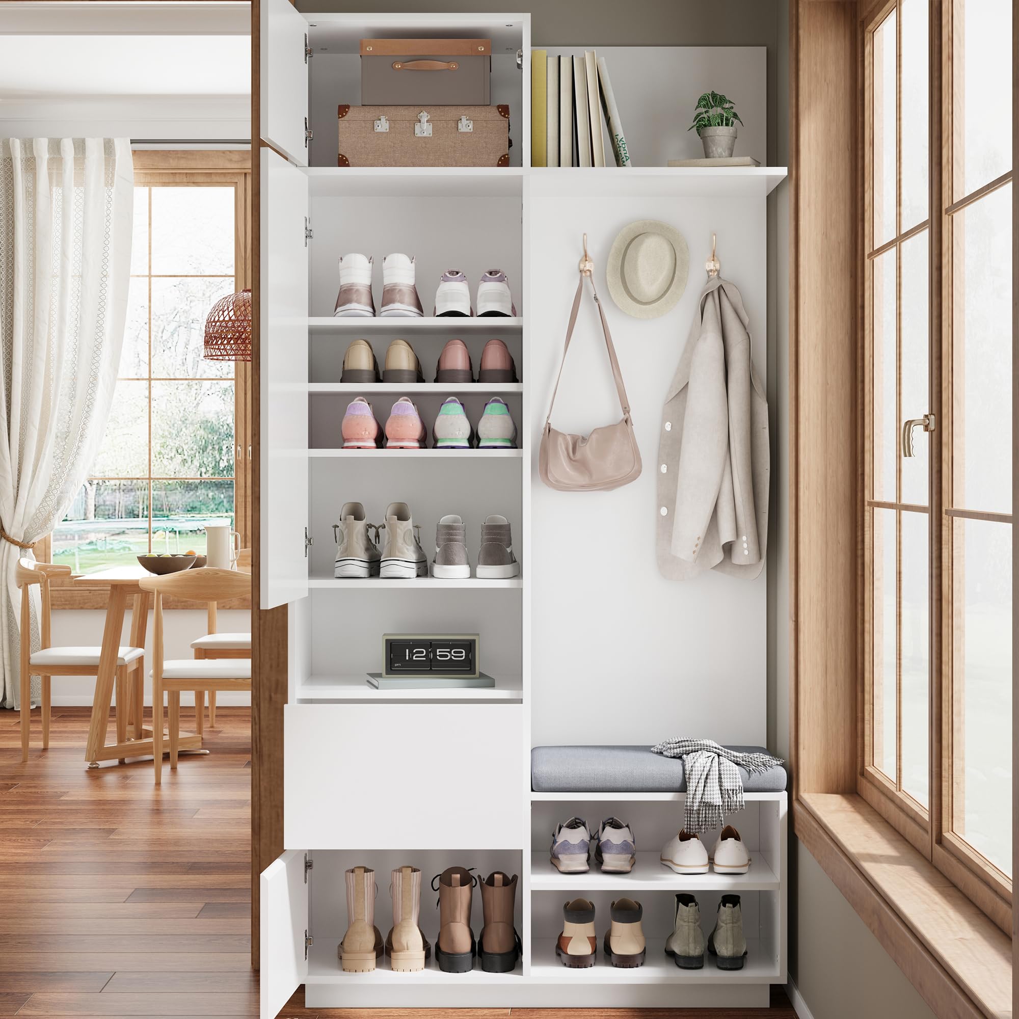 Garderobe Set Garderobenschrank Höhe 190 cm mit Spiegel und Sitzbank, Garderobenset Flurgarderoben Set mit Wandgarderobe und Schuhschrank, Kompaktgarderobe mit Haken und Regal, Flurmöbel, Weiß