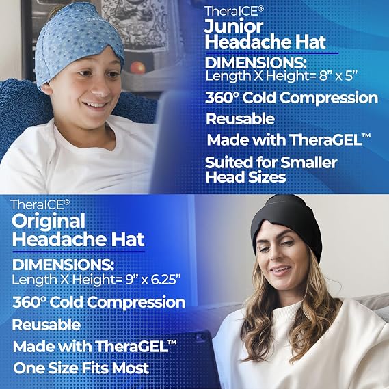 TheraICE Migraine Relief Cap, Soothing Headache Ice Pack Mask Products, Cooling Gel Hat, Face Cold Compress Head Wrap for Tension, Stress & Hangover (XS)