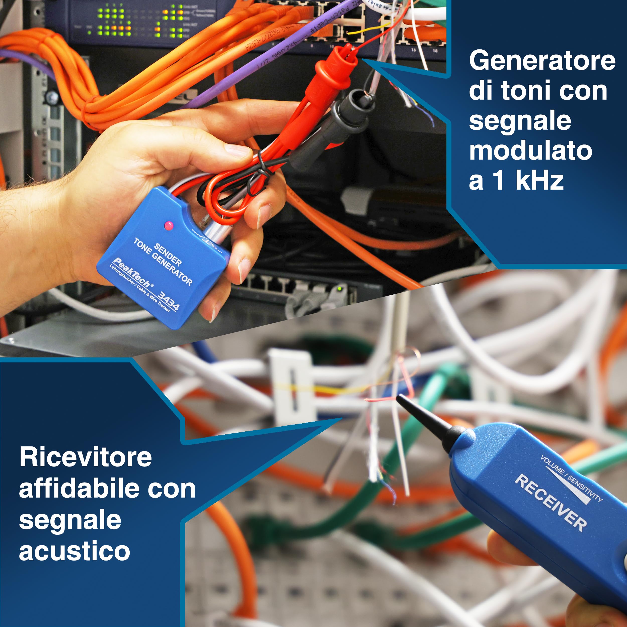 PeakTech 3434 Cercatore di linee per cavi e cavi telefonici [garanzia di 3 anni] Cercatore di linee con tester di continuità e segnale audio, clip a coccodrillo, telefono, RJ11