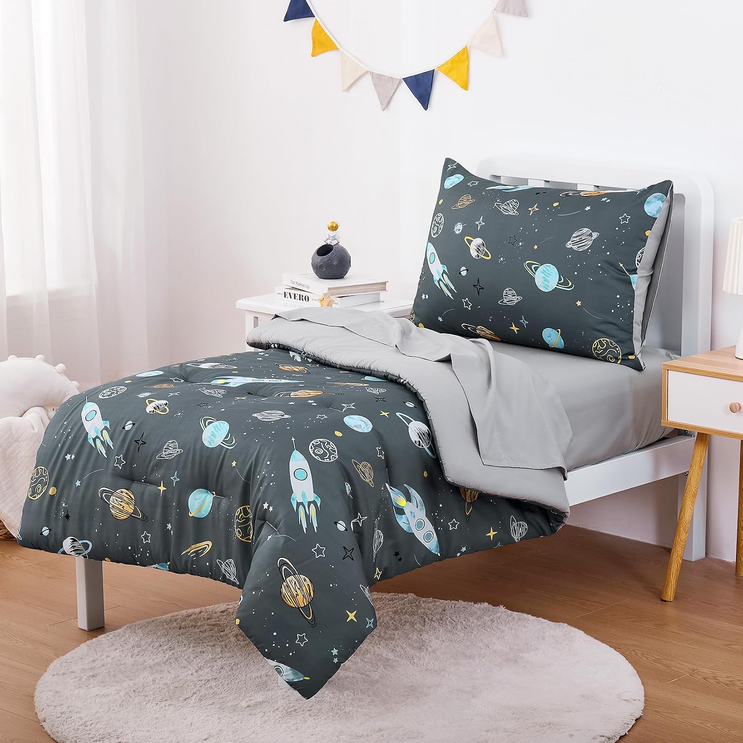 Wake In Cloud - Toddler Bedding Set for Boys, Space Rocket Planet Star, 4 Pieces Soft Crib Bed Set Including Comforter, Sheets and Pillowcase, Gray