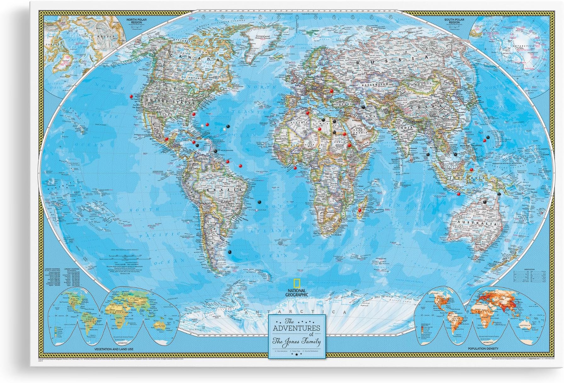 Framed Classic World Map with Pins โ National Geographic Canvas Travel Map โ Personalized World Wall Decor โ Gallery Wrap โ 24" x 36"