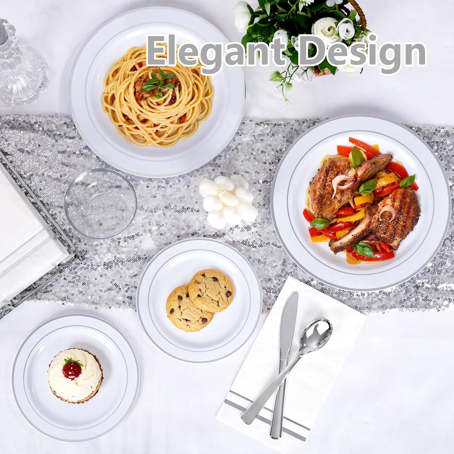 GATHER 350PCS Silver Plastic Plates - White and Silver Disposable Plates for 50 Guests Includes 100 Plate, 50 Napkins, 150 Silvery Cutlery and 50 Cups for Party & Wedding - Image 4