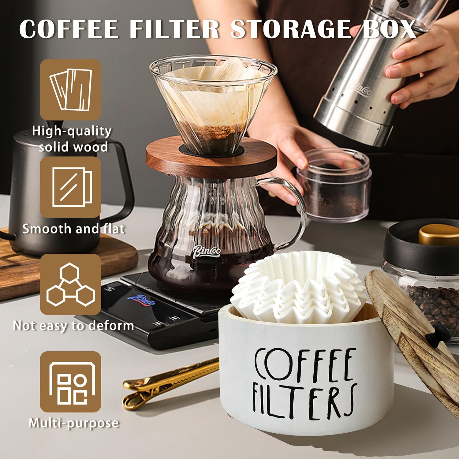 Wooden Coffee Filter Holder with Lid, Coffee Filter Dispenser Basket, Farmhouse Style Storage Organizer Box for Kitchen Counter Decor (White)