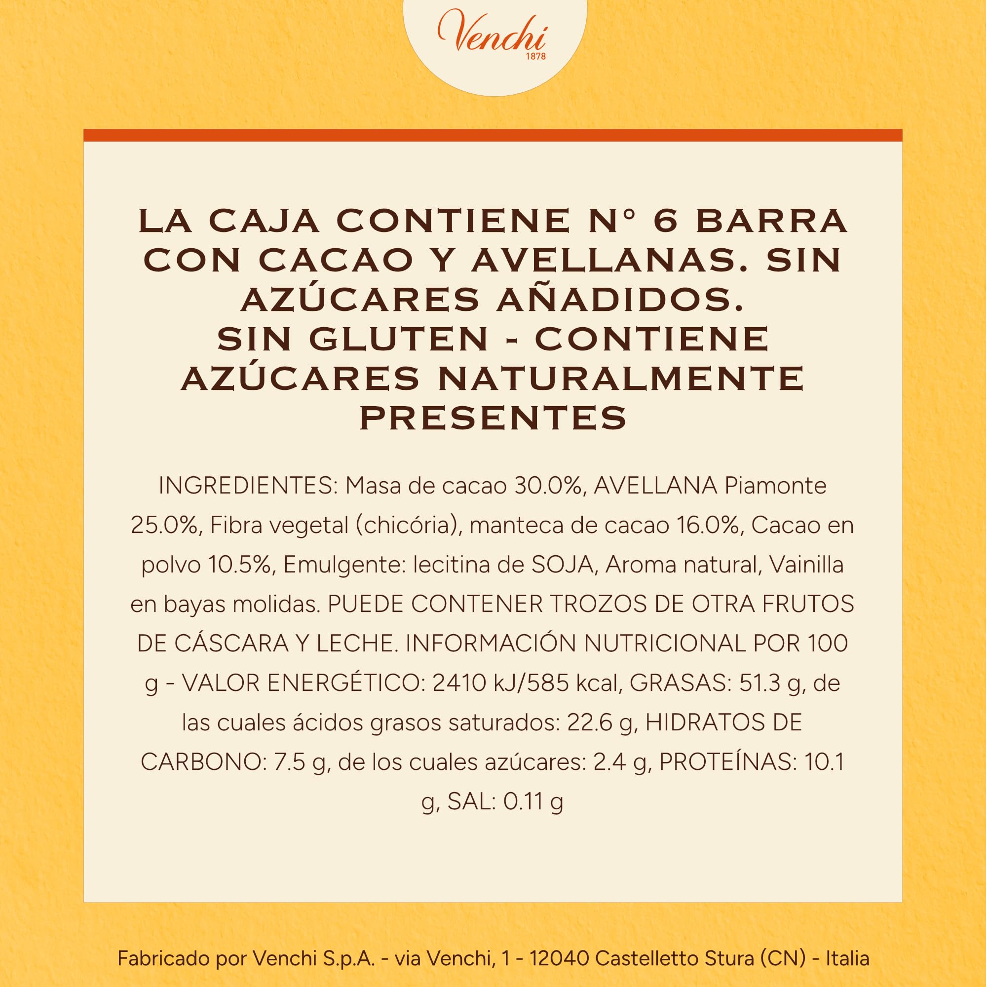 Venchi - Kit de 6 tabletas de chocolate con avellanas extra fondant, 600 g - SIN Azúcares Añadidos - SIN Edulcorantes Artificiales - Sin Gluten - Vegano - Idea de regalo