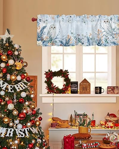 Miniatura 3 de Cortinas azules de Navidad para ventanas de cocina, invierno, búho nevado, flor de pascua, hojas de eucalipto, bolsillo para barra, tratamiento de