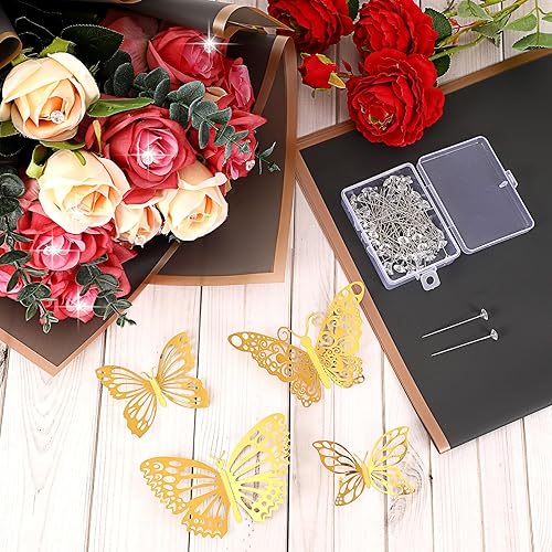 Miniatura 3 de Seajan 60 hojas de papel de regalo de flores impermeables con 3 cintas, 100 pines de diamante, 36 mariposas doradas 3D para bodas, fiestas, día de