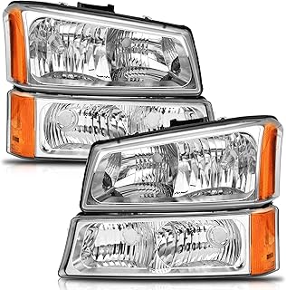 2003 2004 2006 2005 Chevy Silverado Headlights Assembly Fit for 03-06 Chevy Silverado Avalanche 1500/2500/3500 Chrome Housing Amber Reflector Replacement Passenger & Driver Side