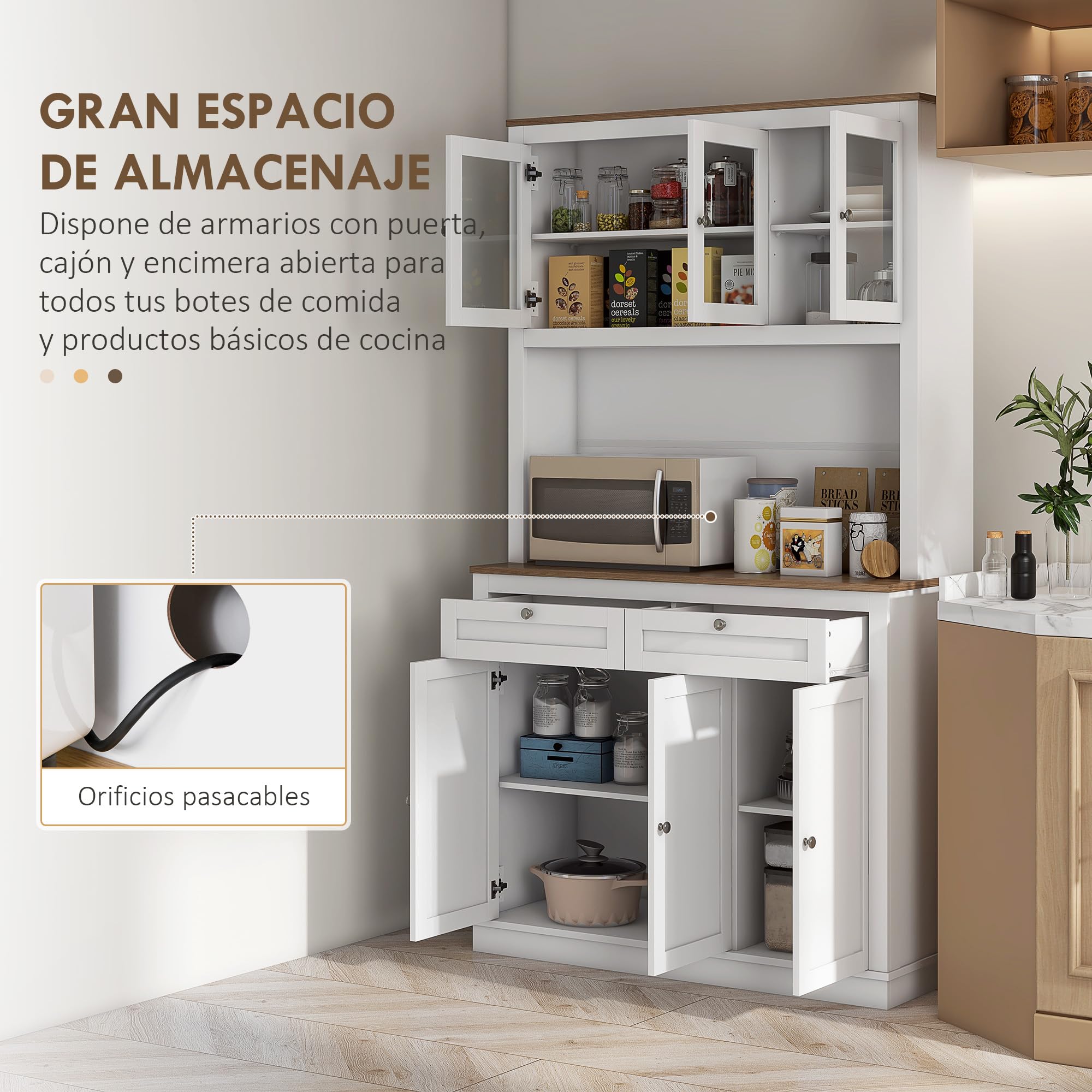 HOMCOM Alacena de Cocina, Mueble Auxiliar de Cocina, con 3 Puertas de Vidrio, Encimera Abierta para Microondas, 2 Cajones y Estantes Ajustables, 100x40x180 cm, Blanco