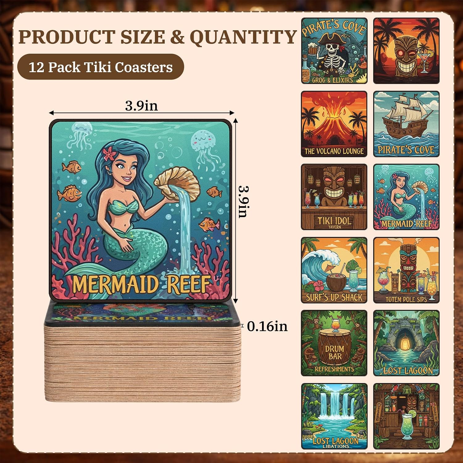 LemonRoad 12 Pack Tiki Bar Coasters for Drinks 4 Inch Square with Tropical Designs Cork Tiki Bar Decorations Accessories Sturdy Drink Coasters for Cups Hawaiian Home Decoration Housewarming Gift