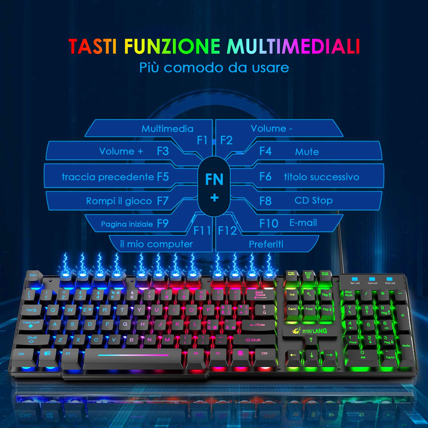 LexonElec T13 Nero IT Layout QWERTY Tastiera e Mouse da Gioco, USB Cablato Retroilluminato LED RGB Arcobaleno 19 tasti non conflittuali, 6 Tasti 2400 DPI colorato Mouse, per Laptop PC Linux PS4 Xbox