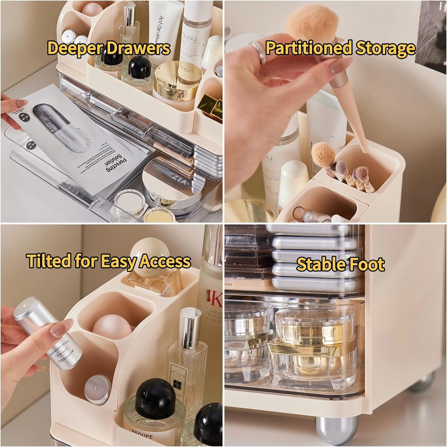 Extra Large Makeup Organizer with 2 Wide Drawers Divided Top Compartment, Spacious Cosmetic Display Case, 4 Colors Skincare Storage box for Vanity and Countertop (White)