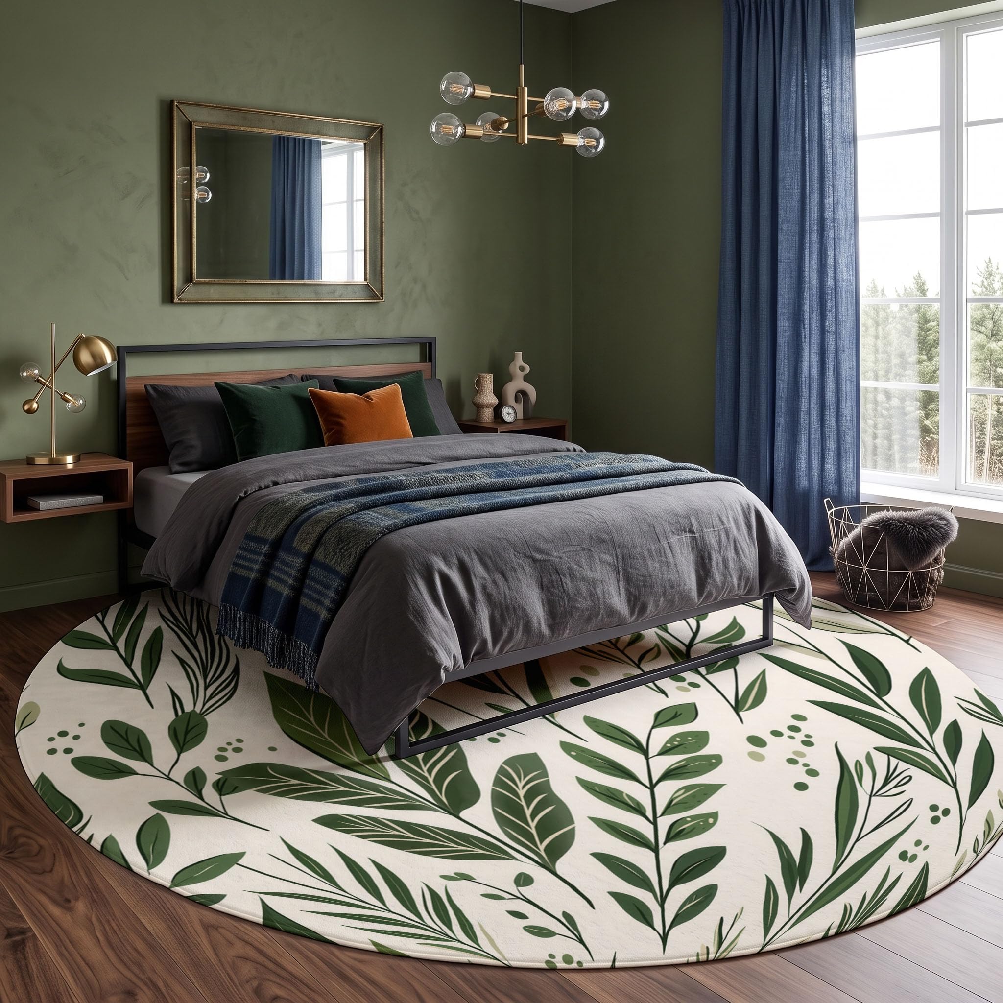Tapis Moderne 100cm Rond à Motif Plantes peintes à la Main