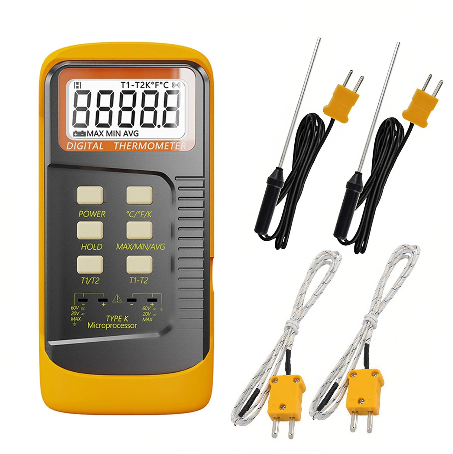 ThreeH Dual Channel Digital Thermometer Handheld High Temperature Kelvin Scale Meter Tester with 4 Probes for -50~1300°C (-58~2372°F)