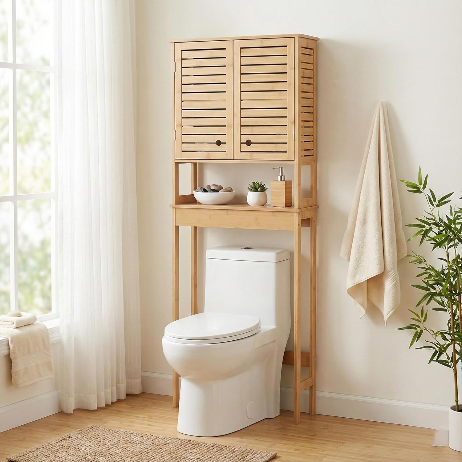 EVIDECO French Home Goods Over The Toilet Storage Cabinet with Double Vented Doors and Open Shelf, Natural - Trinidad Collection