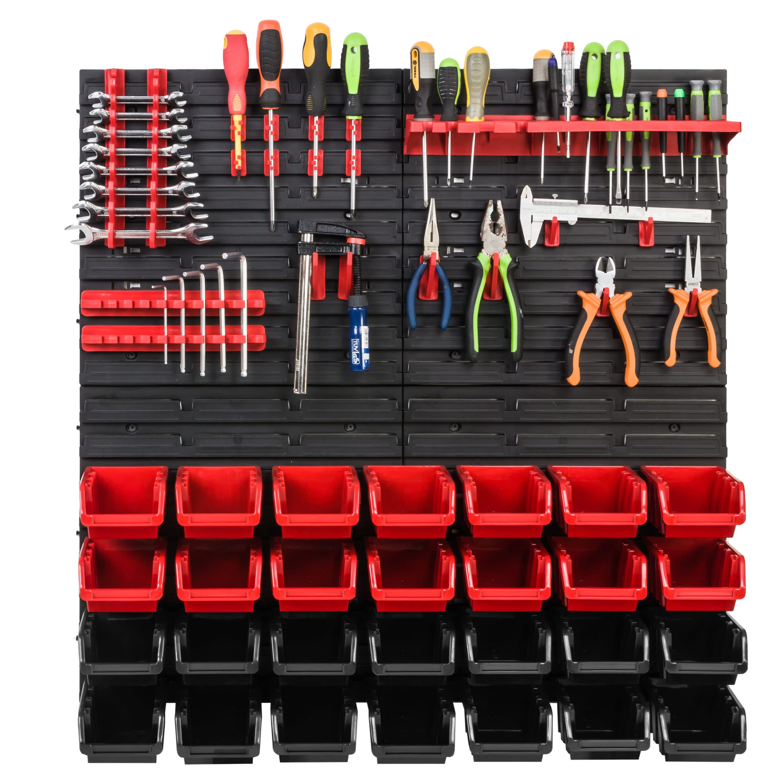 Scaffale da officina, 78 x 78 cm, 28 pezzi, con supporti per attrezzi e scatole impilabili, pannelli da parete, scaffali extra resistenti, per riporre oggetti e garage, scaffali