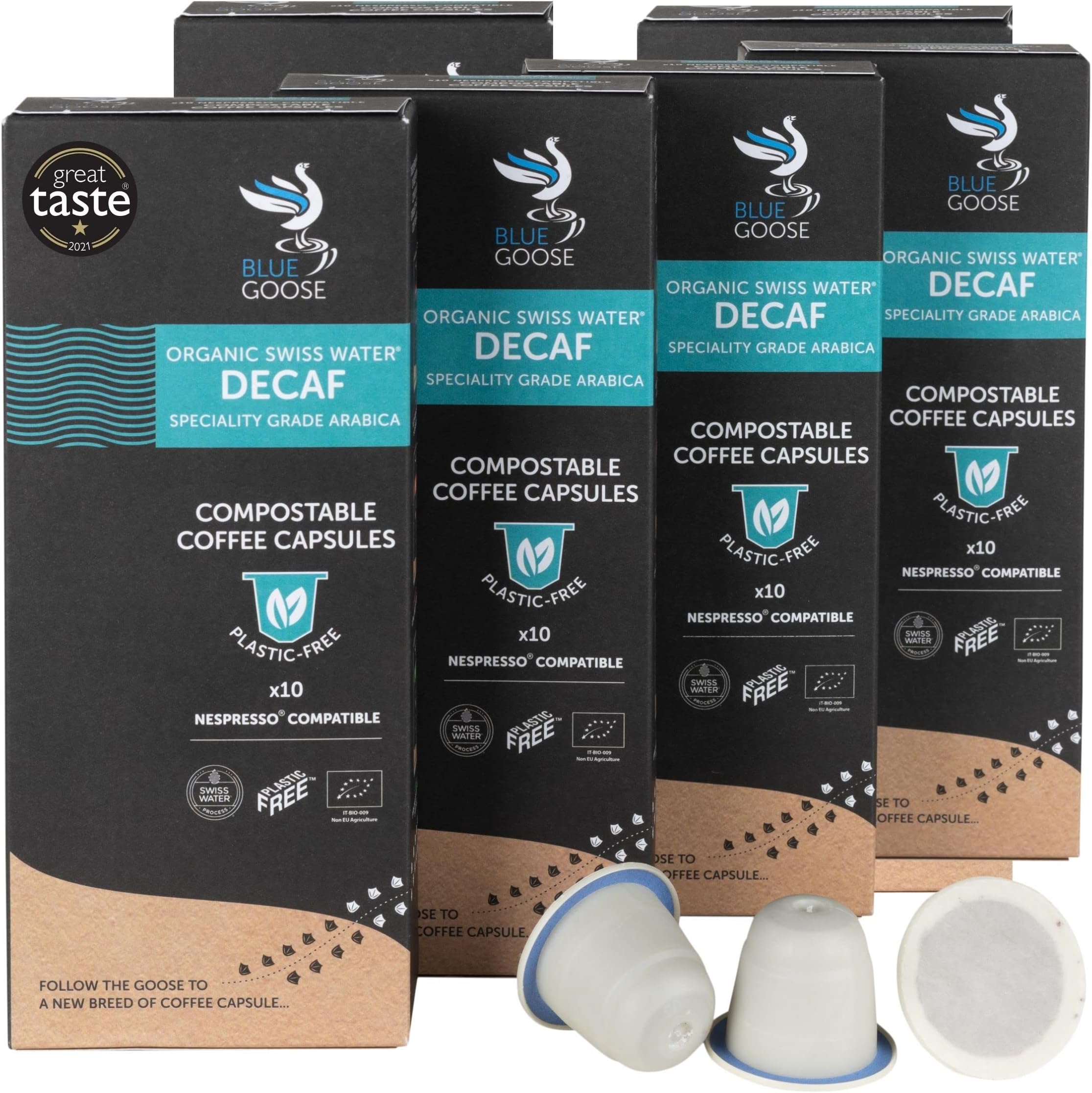 Blue Goose Organic Swiss Water Decaf - 60 Plastic Free Compostable Coffee Capsules - Nespresso Compatible Pods - Specialty Grade Coffee - Great Taste Award 2021