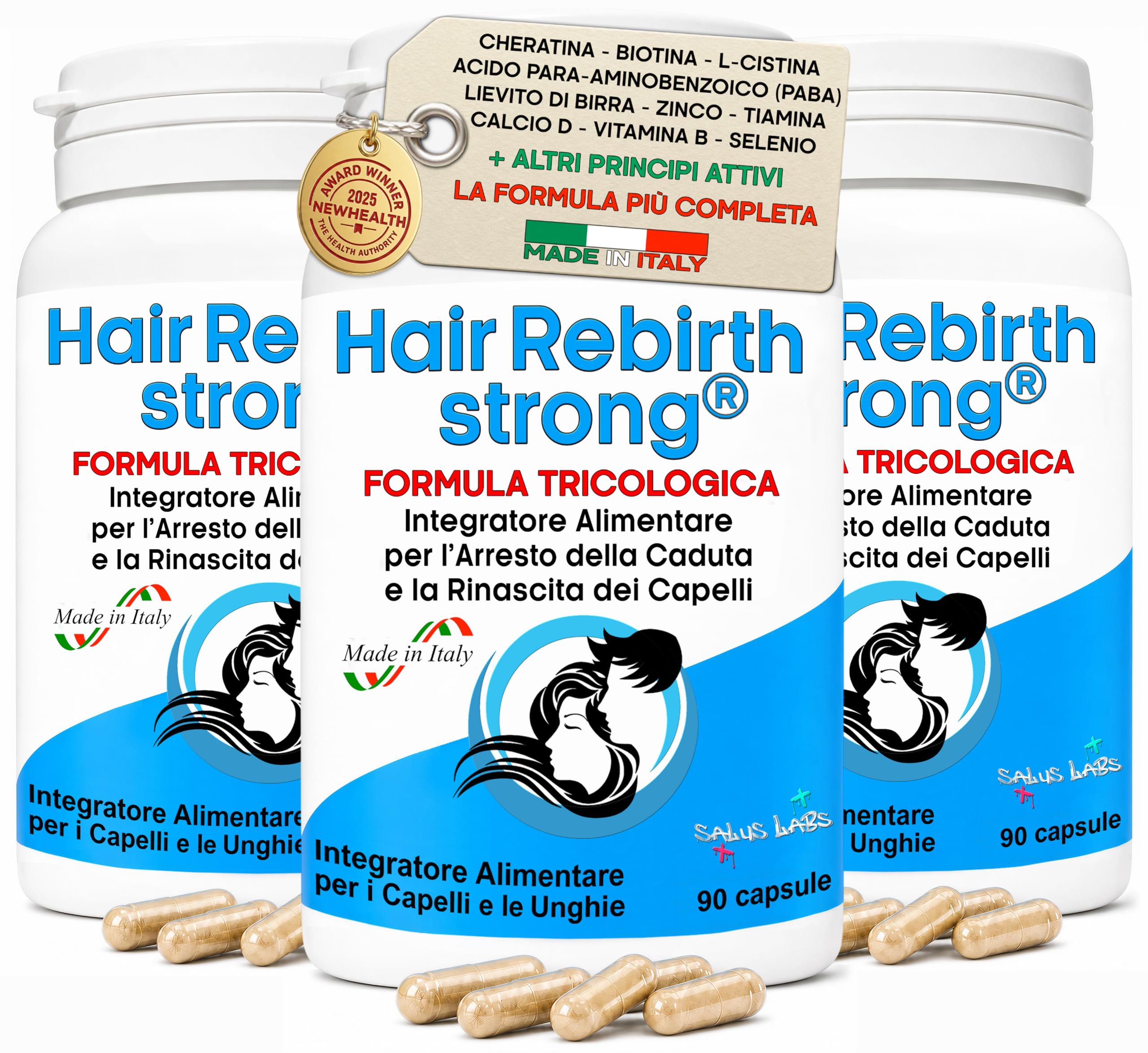 HAIR REBIRTH STRONG * 3 Flaconi: 270 capsule * la Migliore Cura per i Capelli * Nuova Formula Tricologica: Cheratina Biotina Cistina Calcio D Vitamina B * Blocco della Caduta e Rinascita dei Capelli