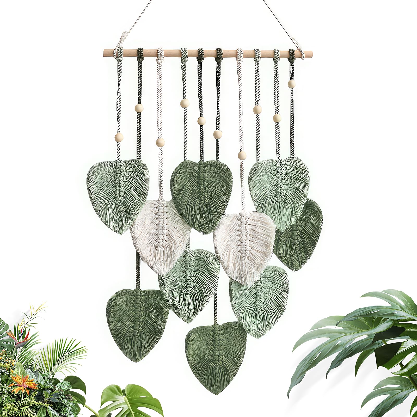 Comius Sharp Tapiz de Hojas de Macramé, Tapiz Tejido con Hojas de Bohemia, Hoja de Macramé Hecha a Mano, para Dormitorio, Habitación Infantil, Decoración de Pared, 40 x 90 cm (Verde)