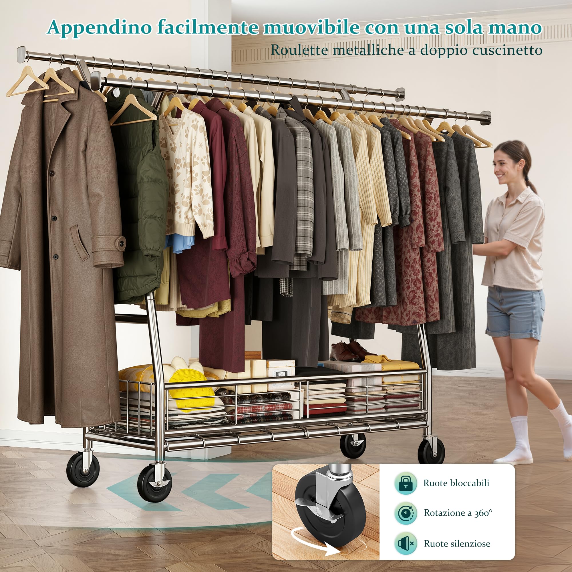 Stand Appendiabiti con Ruote e Cestino, Portata max 200KG, Argento | Doppia barra (alta e bassa) e vassoio rete, appendiabiti estensibile 106–166 cm, per Presentazione, Stoccaggio, Argento