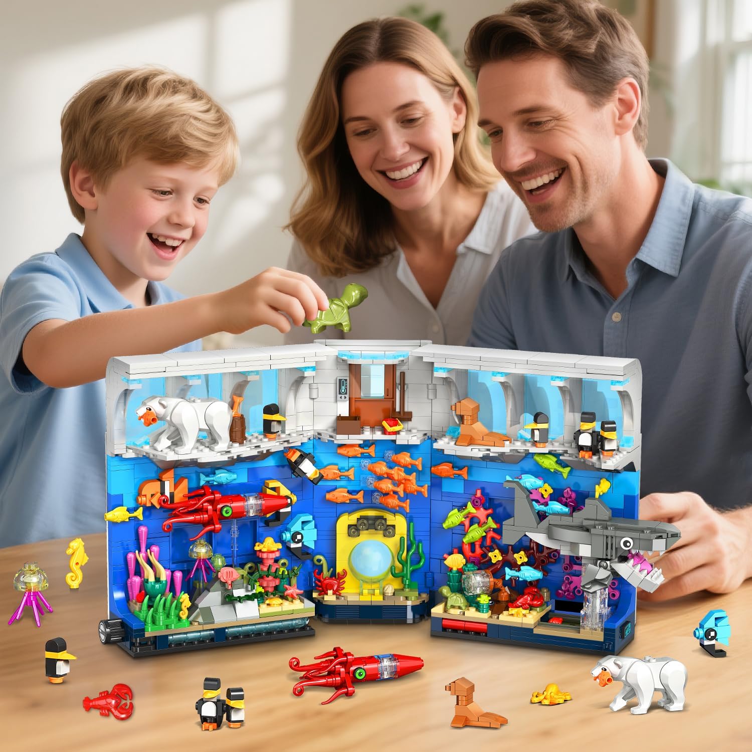HOGOKIDS Aquarium Book Nook Building Set with Lights - Booknook Fish Building Toy for Bookshelf Home Decor, 1064PCS Movable Shark Ocean Polar Animals Blocks Bookend Kit for Adults Teens Boys Girls 8+