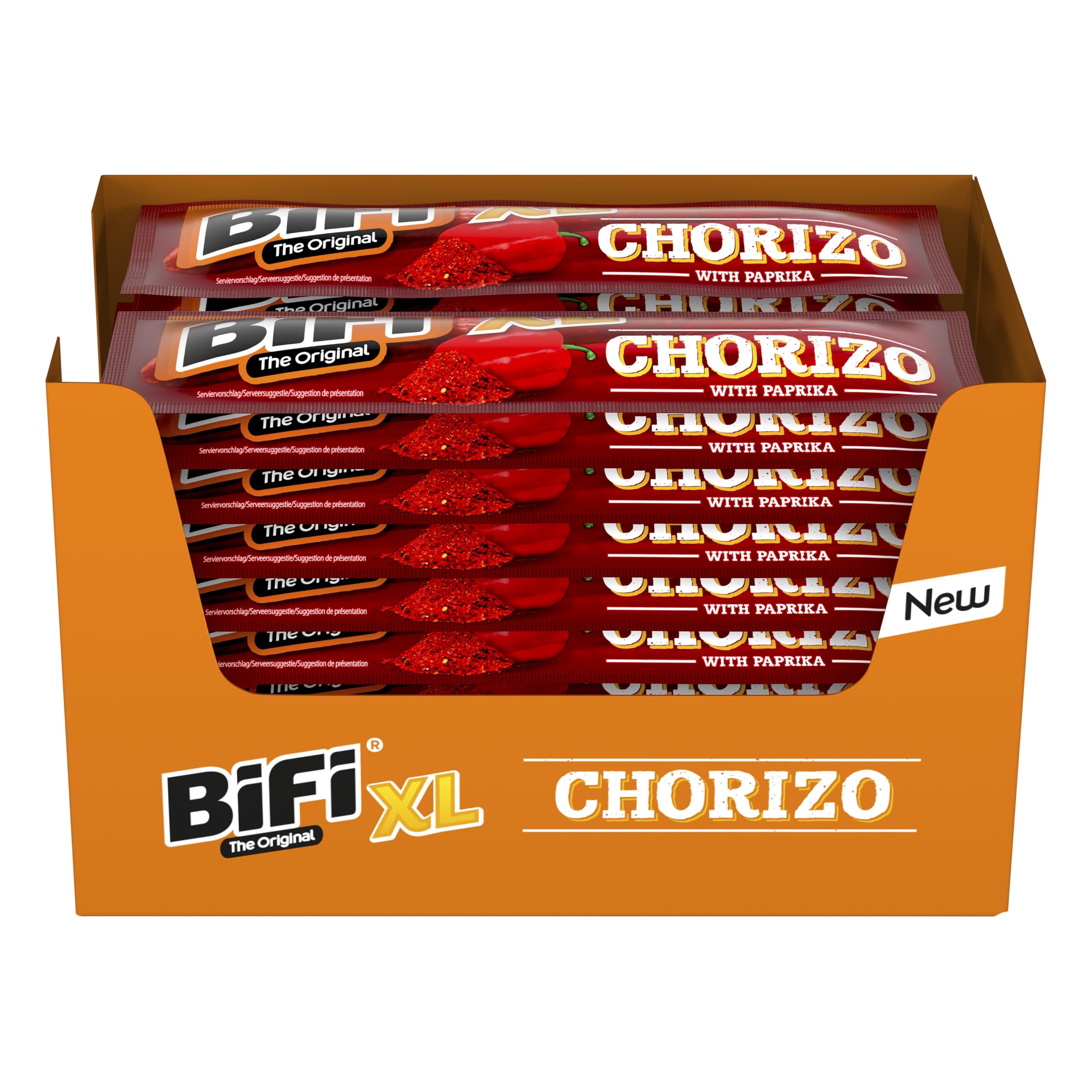 BiFi Chorizo XL Sticks - Pack de 20 unidades de 26 g de aperitivos para llevar, palitos de chorizo con pimentón, chile y ajo, para picar