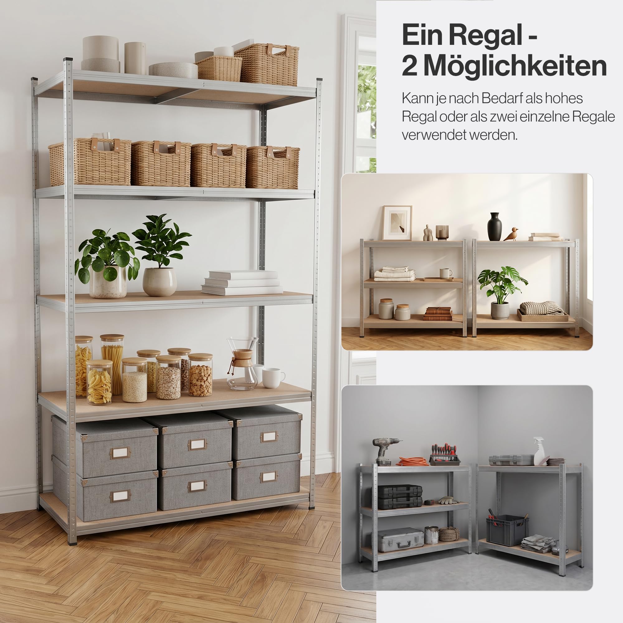 BELKO® Schwerlastregal C225 Verzinkt, 200x120x50 cm, Breitspannregal, XXL Lagerregal & Kellerregal, Metallregal mit 5 Böden, Steckregal bis 900kg belastbar (180kg pro Ebene)