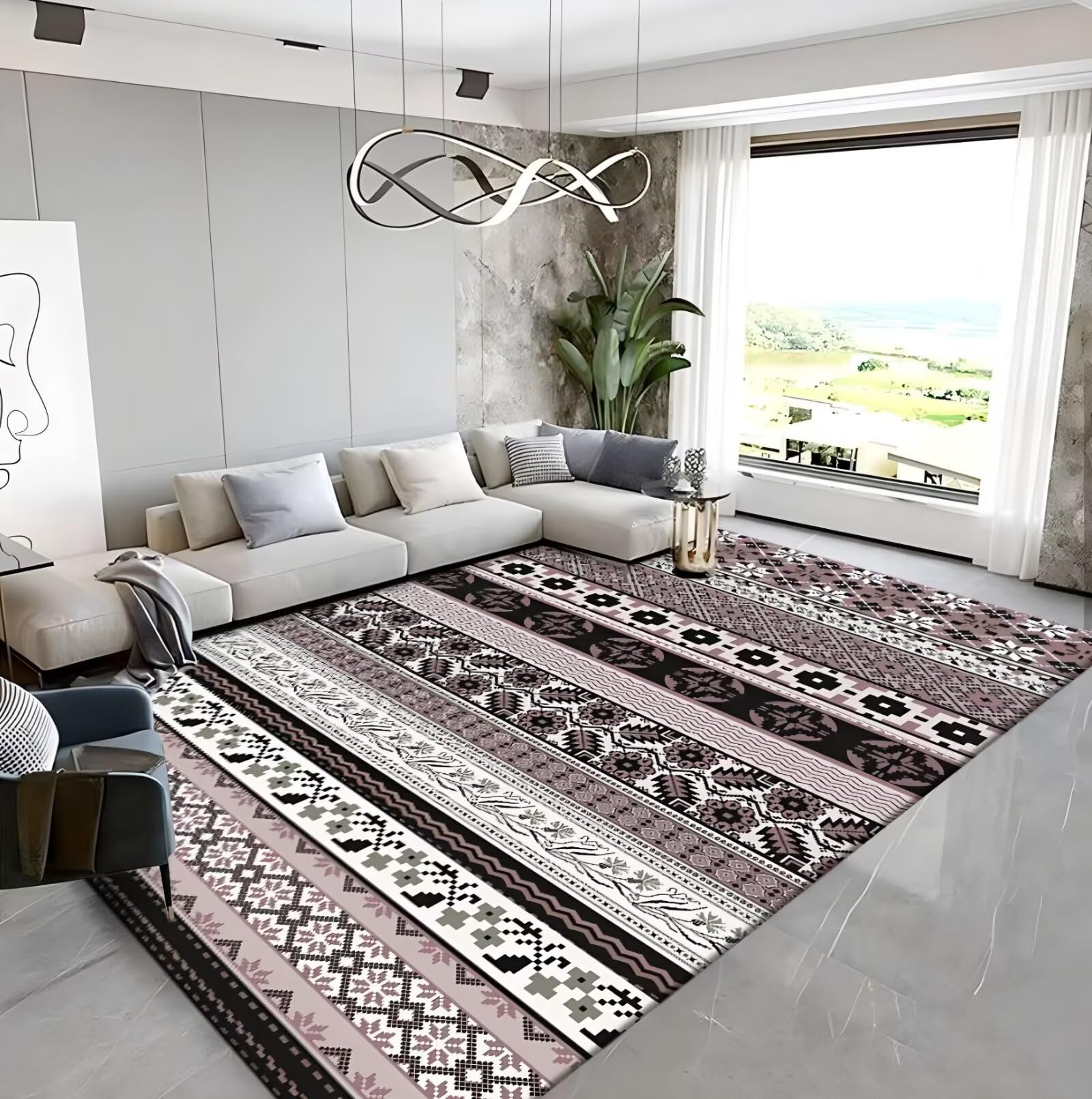 Alfombra pie de cama pelo corto 100x200cm rosa geométrica para sala y dormitorio