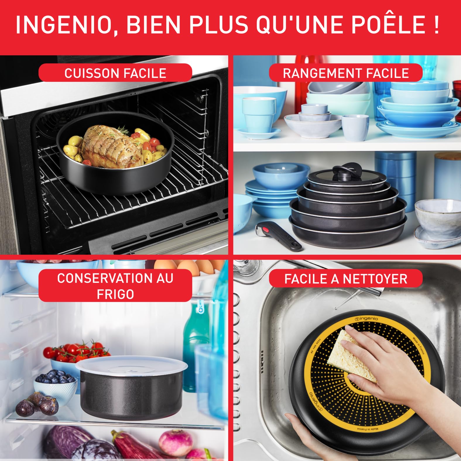 Tefal Ingenio Batterie de cuisine 10 pcs, Poêles, Casseroles,Wok,Couvercles, Poignée, Non induction, Revêtement antiadhésif, Empilable, Compatible lave-vaisselle, Fabriqué en France, Easy On L1599802