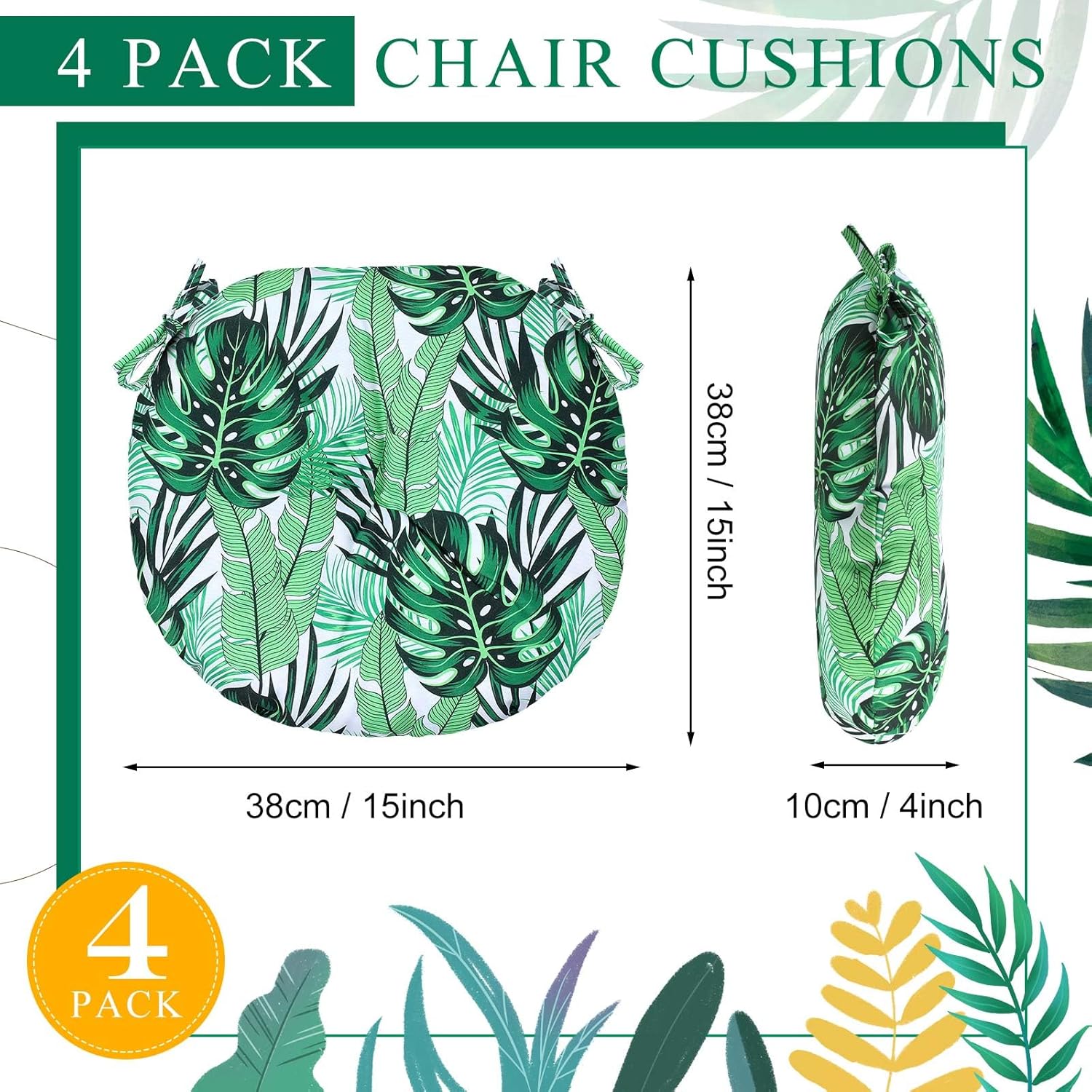 Wesiti Round Bistro Seat Cushion Set of 4, 15" x 15" x 4" Round Outdoor Chair Cushions with Ties Patio Furniture Chair Pads Waterproof for Patio Home Garden Office