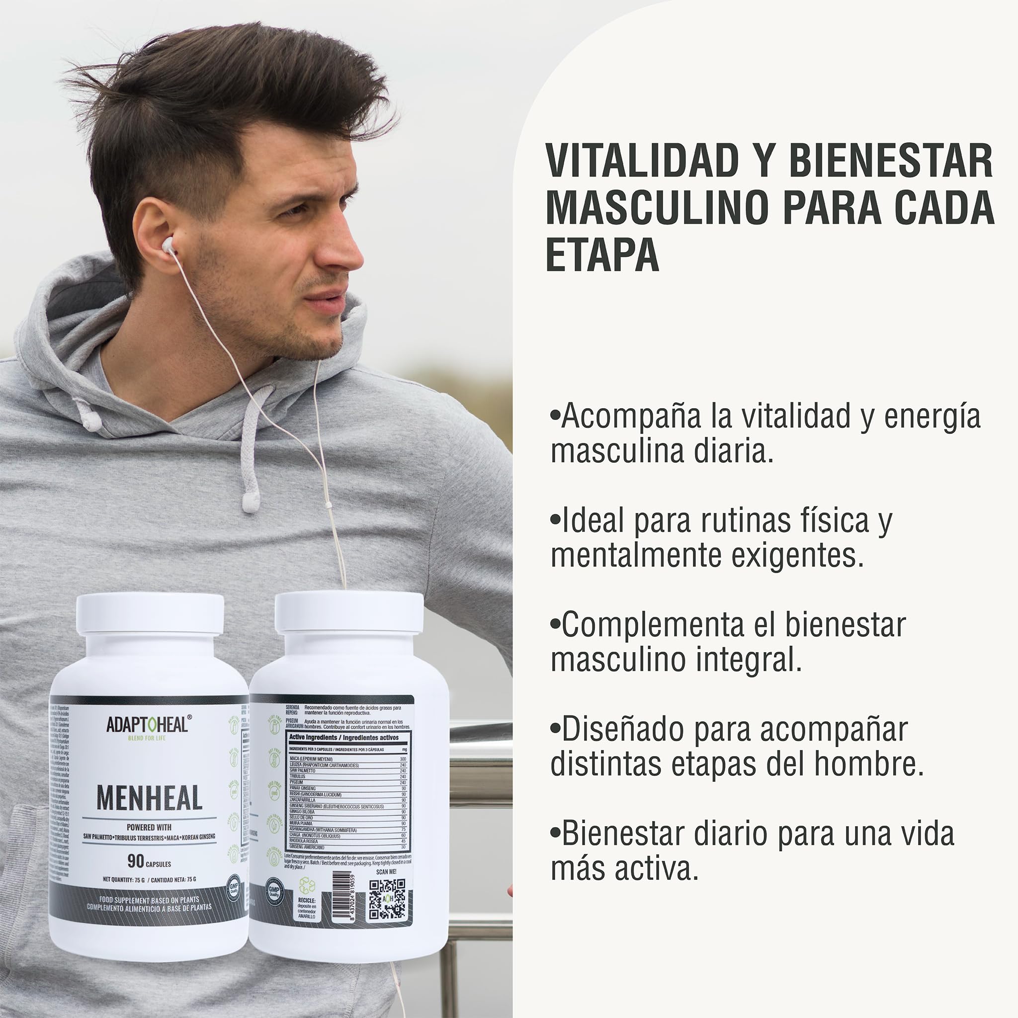 Adaptoheal Menheal - Adaptógenos para la Testosterona - 90 Cápsulas | Con maca negra, tríbulus, saw palmetto, ginkgo y ashwagandha, para el hombre, vegano, sin gluten, laboratorio español
