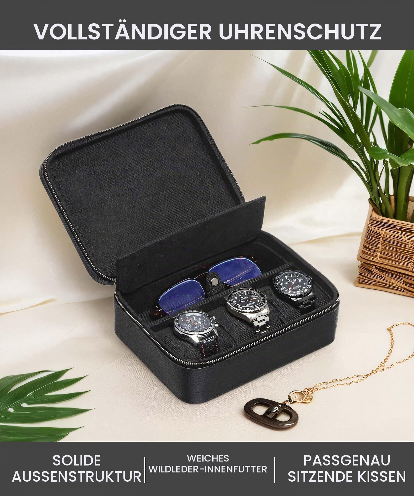 Uhrenbox aus echtem Leder für Herren, Reiseetui mit Brillenfach, Tragetasche aus genarbtem Echtleder für 3 Uhren, Uhren-Reiserolle, Reißverschluss (Schwarz)