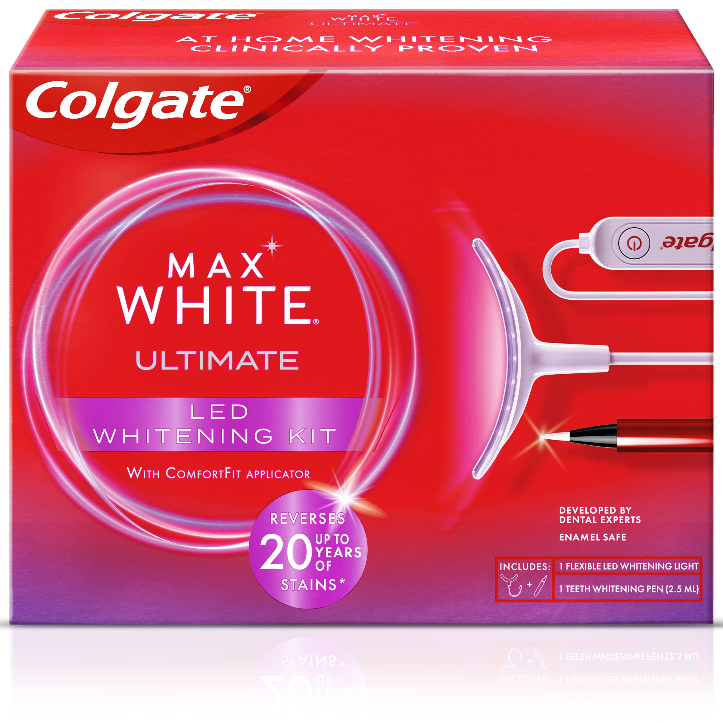 COLGATE - Kit Blanchiment Dentaire Max White à Domicile, Respecte l'Émail, Élimine Jusqu'à 20 Ans de Taches, Sérum blancheur et Lumière LED Alimentée par Smartphone