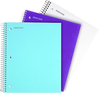 Mintra Office Durable Spiral Notebook - 2 Subject College Ruled 3pk, Teal, White, Purple