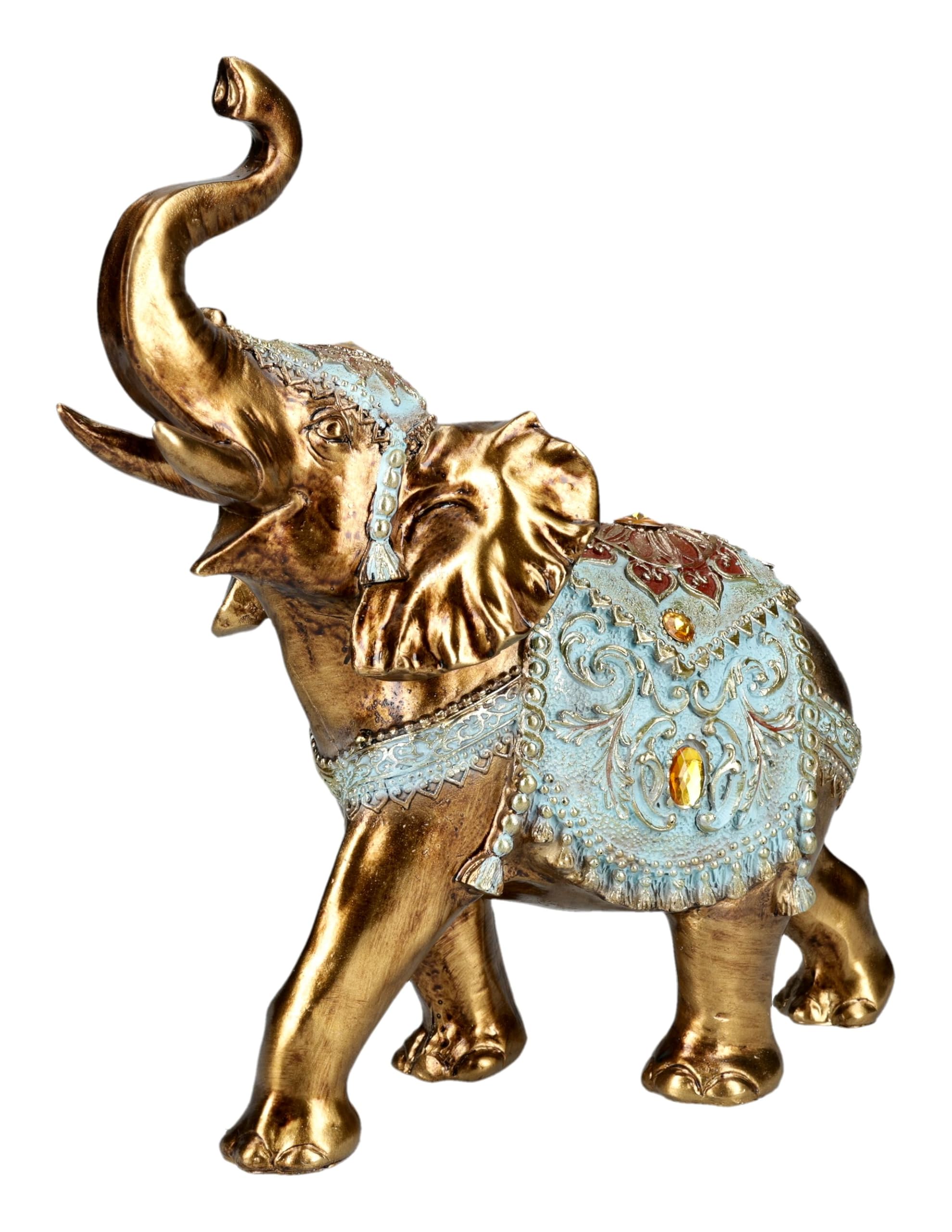 Figuren Shop GmbH Elefante de la suerte, figura de elefante con manta turquesa, pintado a mano (23 cm), símbolo de buena suerte, salud y prosperidad, idea de regalo