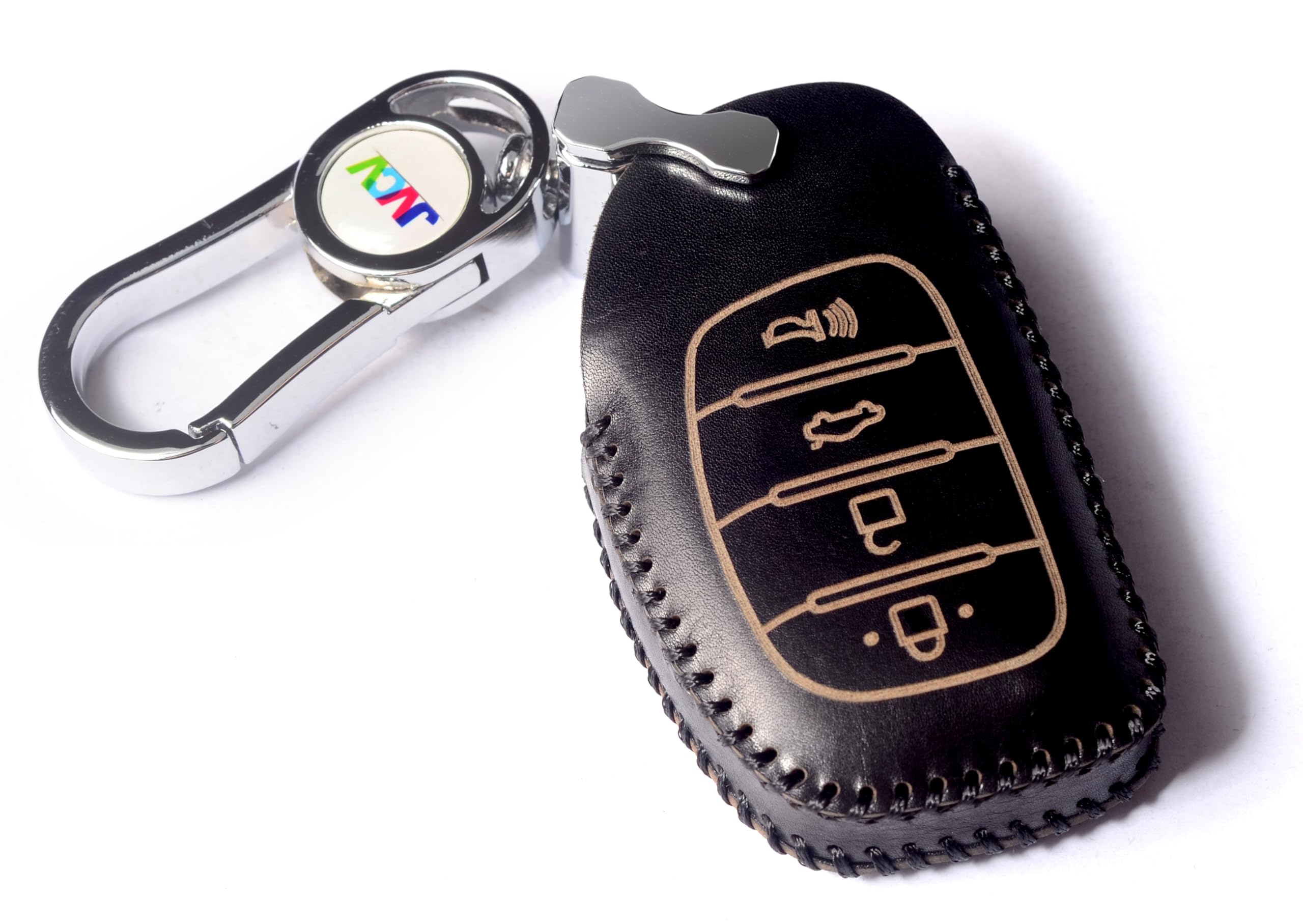JVCV® Car Styling Soft Handmade Leather Key Cover Compatible with Hyundai Alcazar Creta, i20 2021, Venue, Tucson, Elantra,i20 N Line 2021 (4 Button Smart Key, Black)