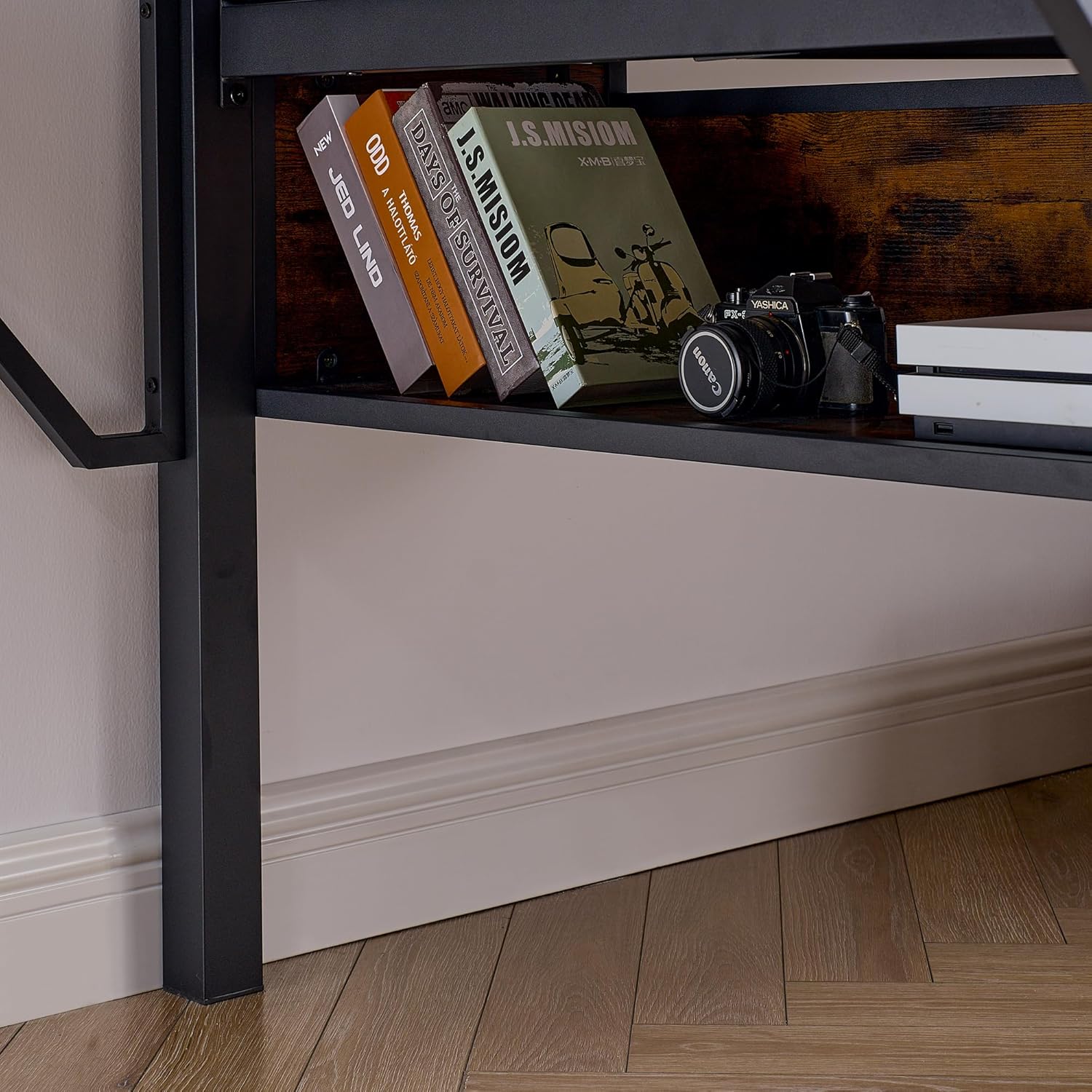 Polibi Twin Size Gaming Loft Bed with Desk, LED Lights and Staircase, Metal Loft Bed Frame with Full-Length Heightened Guardrail, Storage Shelves, Woven Rattan, Black+Brown