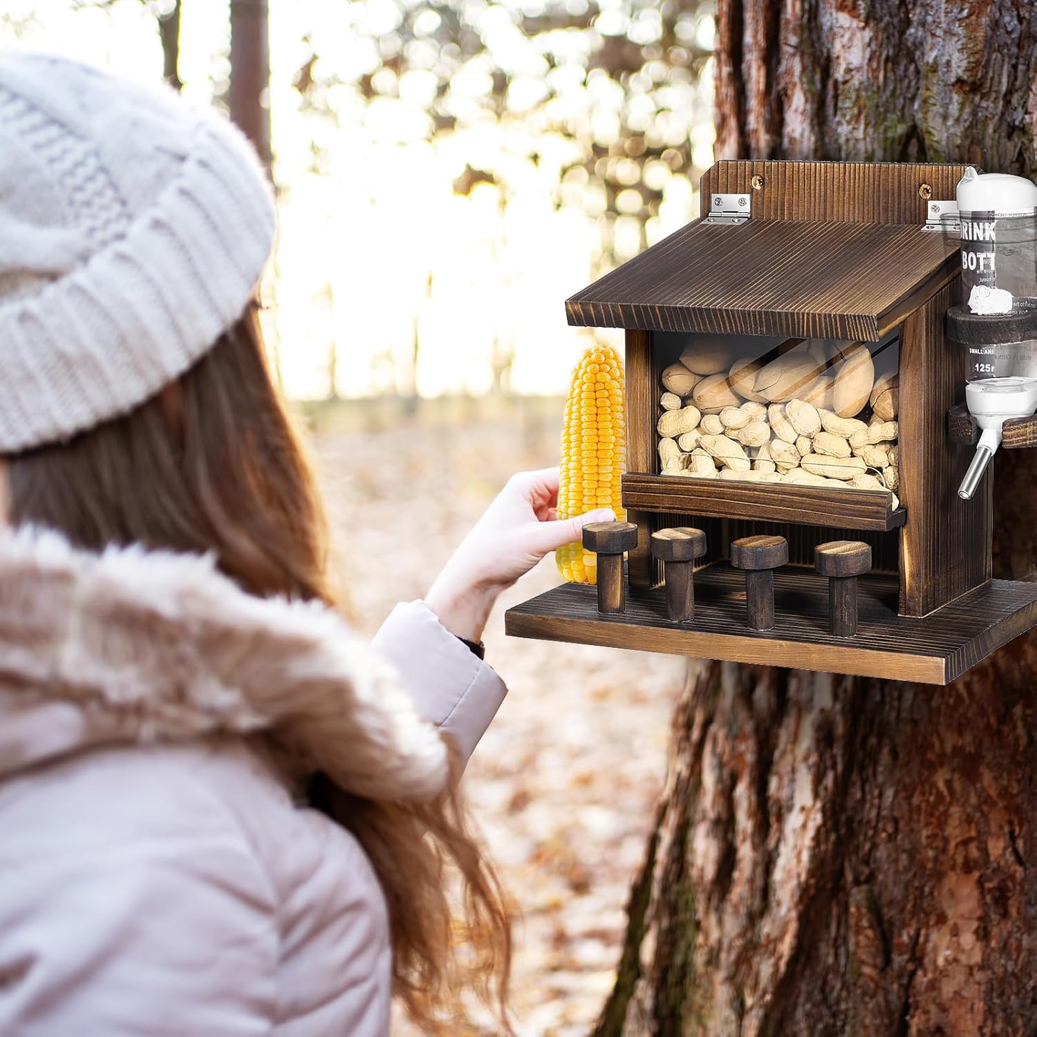 Thick Wooden Squirrel Feeders for Outdoors - Durable Squirrel Picnic Table with Clear Acrylic Baffle, Water Dispenser & Corn Holders, Easy Mount Tree Feeder