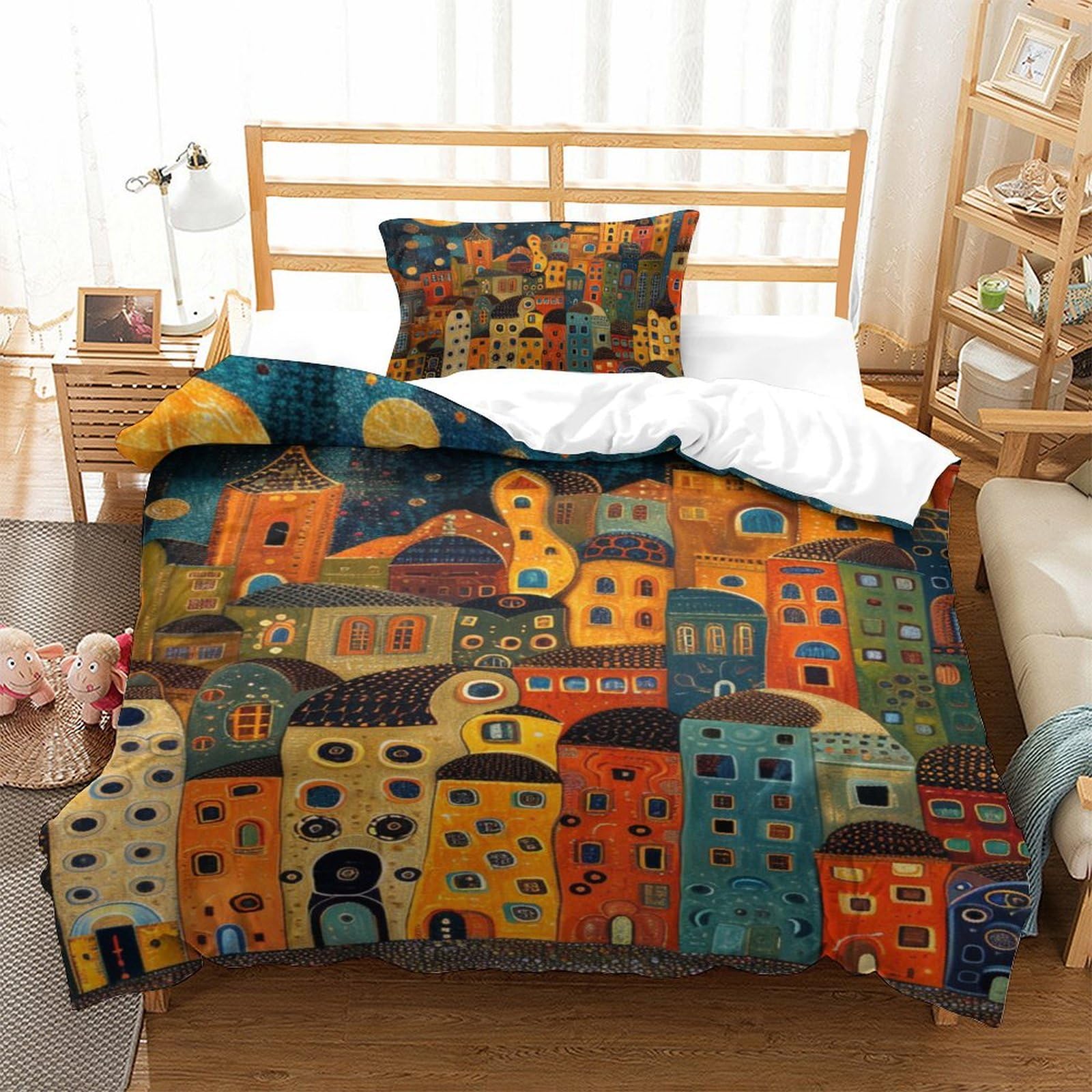 Housse de couette avec taies d'oreiller enfants en microfibre motif 3D ville 135x200