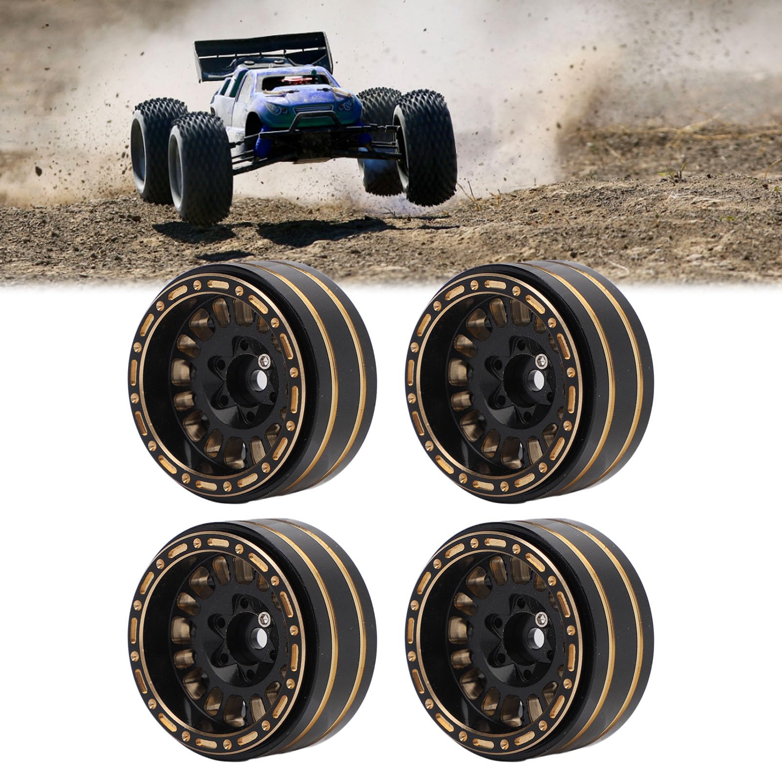 Alomejor Jeu de Jantes de Roue Beadlock en Laiton de 1.2 Pouces pour Voitures RC 1/18, Résistant à la Rouille, Design élégant Améliorant la stabilité