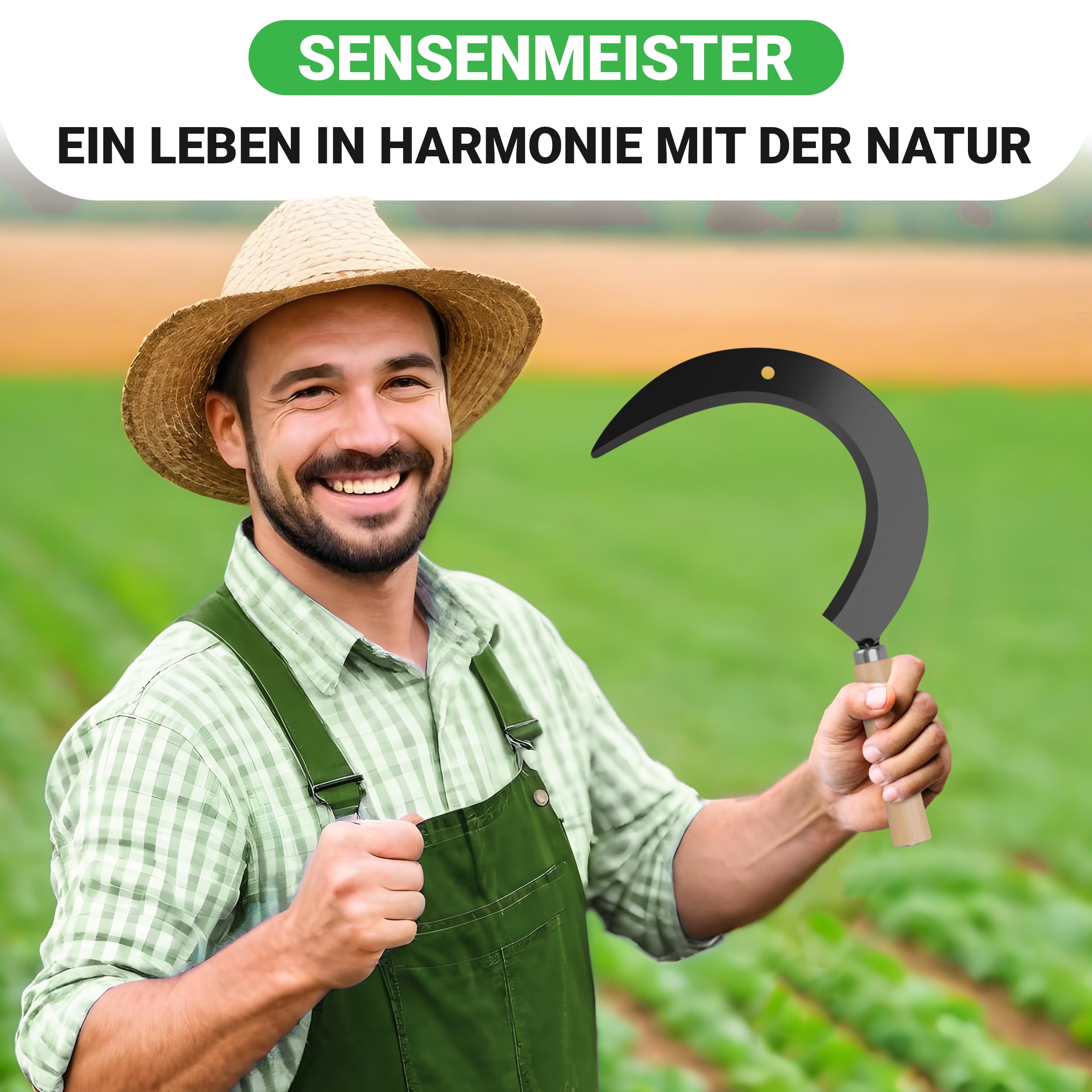 Rundsichel mit Holzgriff - traditionelle scharfe Sichel - nachhaltige Handsense 35x22 cm- inklusive Gratis Schleifstein – robuste Sensensichel für Gras