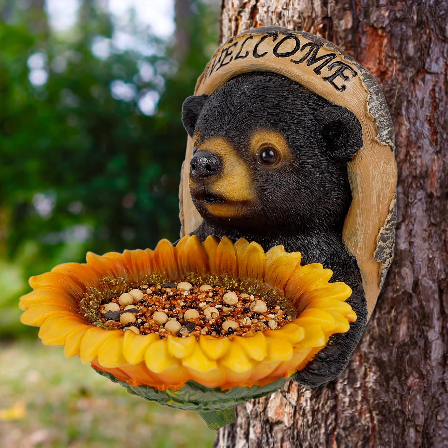 Adroiteet Raccoon Tree Face Bird Feeder Outdoor, Hanging Black Bear Sunflower Tree Hugger Birdfeeder, Wild Bird Seed Feeder Tree Decor Welcome Sign for Garden Yard Decor