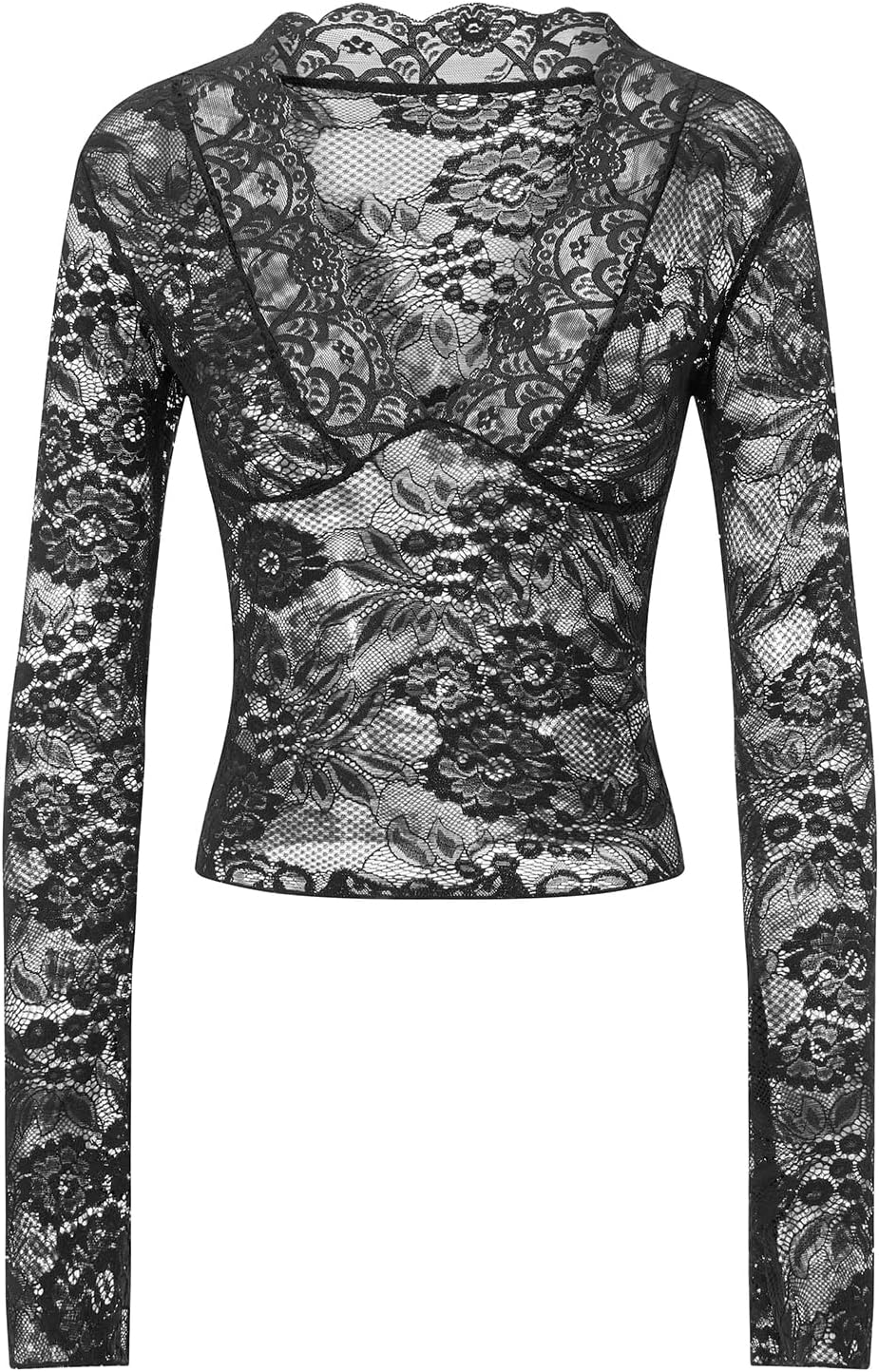 Women's Floral Print Flare Sleeve Lace Trim Mesh Crop Top Tee Shirts Sheer Lace Floral Slim T-Shirt - Image 3