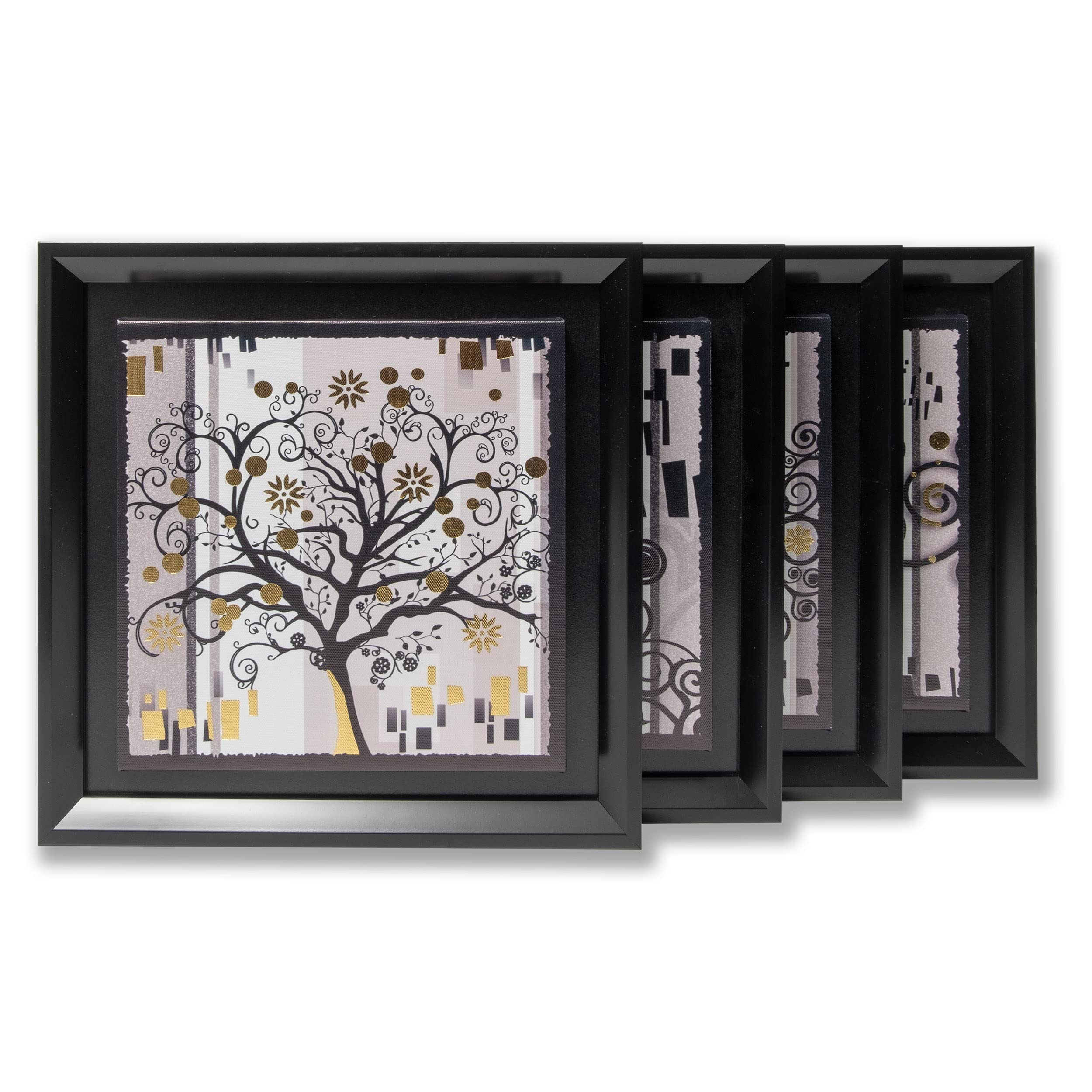 DekoArte - Quadri Moderni Soggiorno L'ALBERO DELLA VITA IN ORO NERO 30x30 cm x4 pezzi - Set di Quadri con Cornice Nero