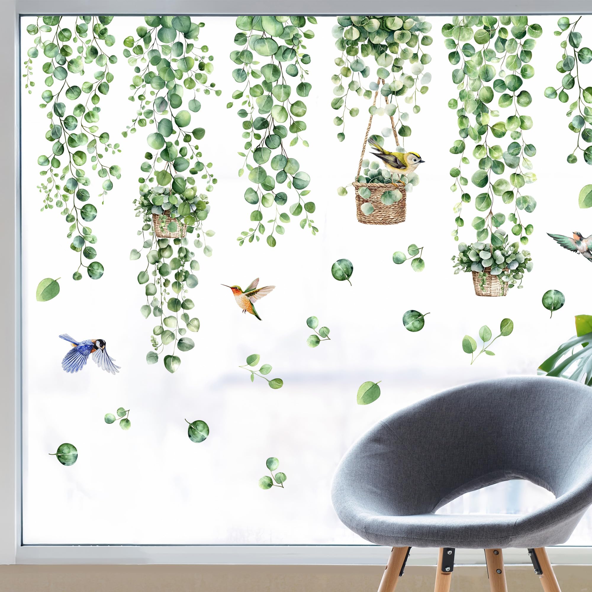 Joeyan Spring Green Hanging Vine Window Stickers - Leaves Plants Window Decals Anti-Collision Glass Window Doors Stickers, Birds Tree Leaves Seasonal Home Office Classroom Kitchen Decor & Gift Idea