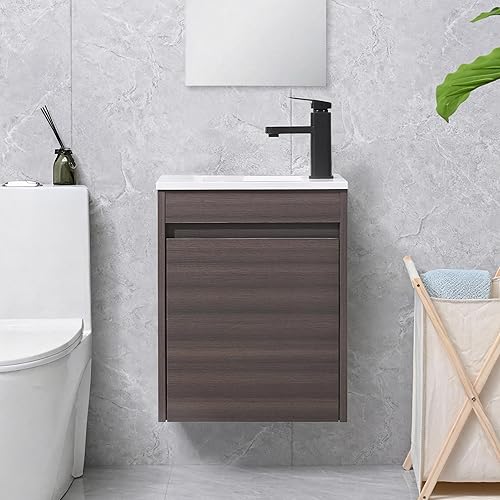 Vista 28 de Combo de lavabo de baño de 16 pulgadas para espacio pequeño, juego de gabinete de baño montado en la pared con lavabo de resina blanca, grifo negro