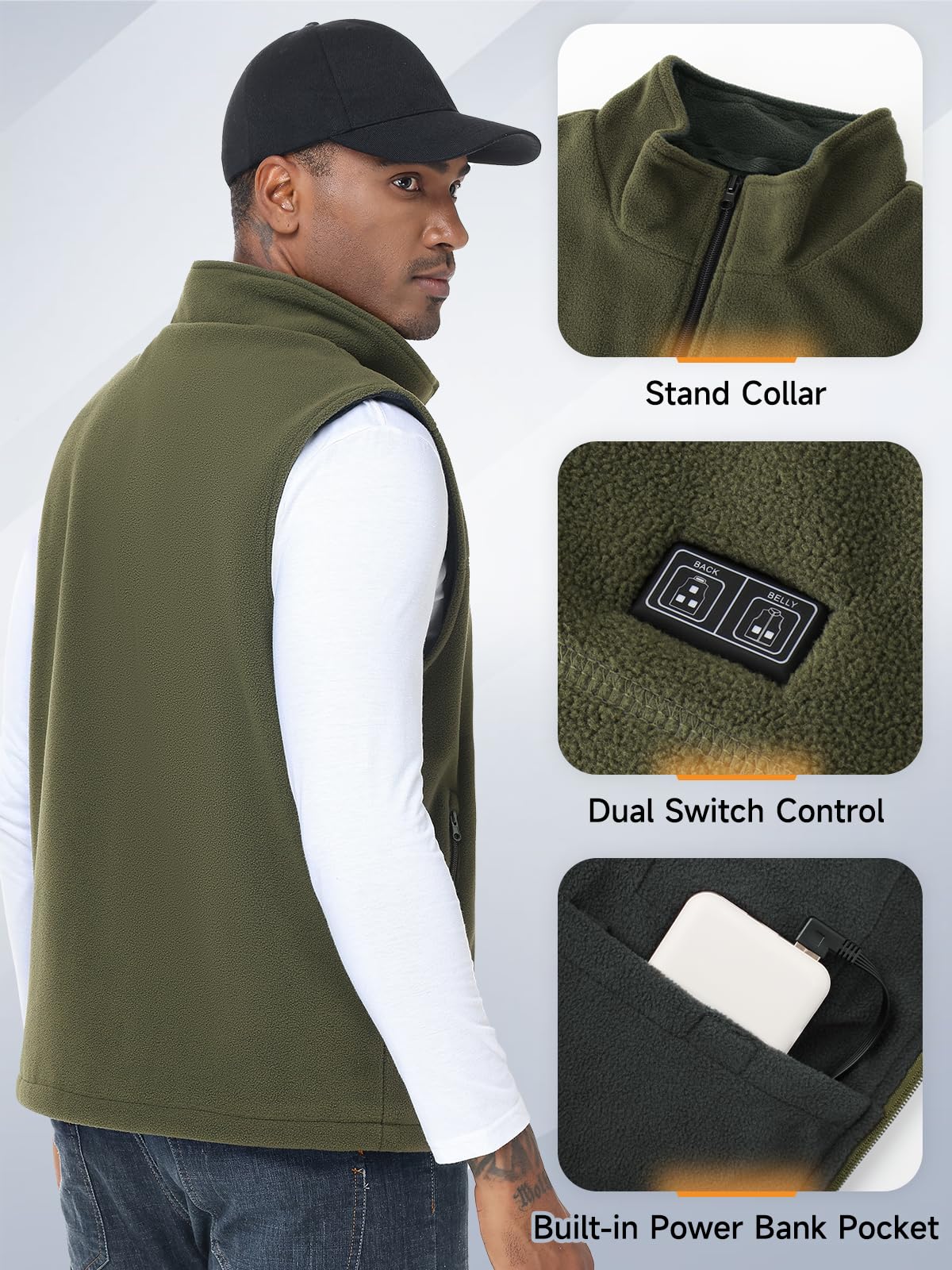 Gilet chauffant homme femme 10000mAh 5V USB micro polaire blouson chauffant avec batterie incluse manteau électrique 3 niveaux 6 zones chauffante hiver