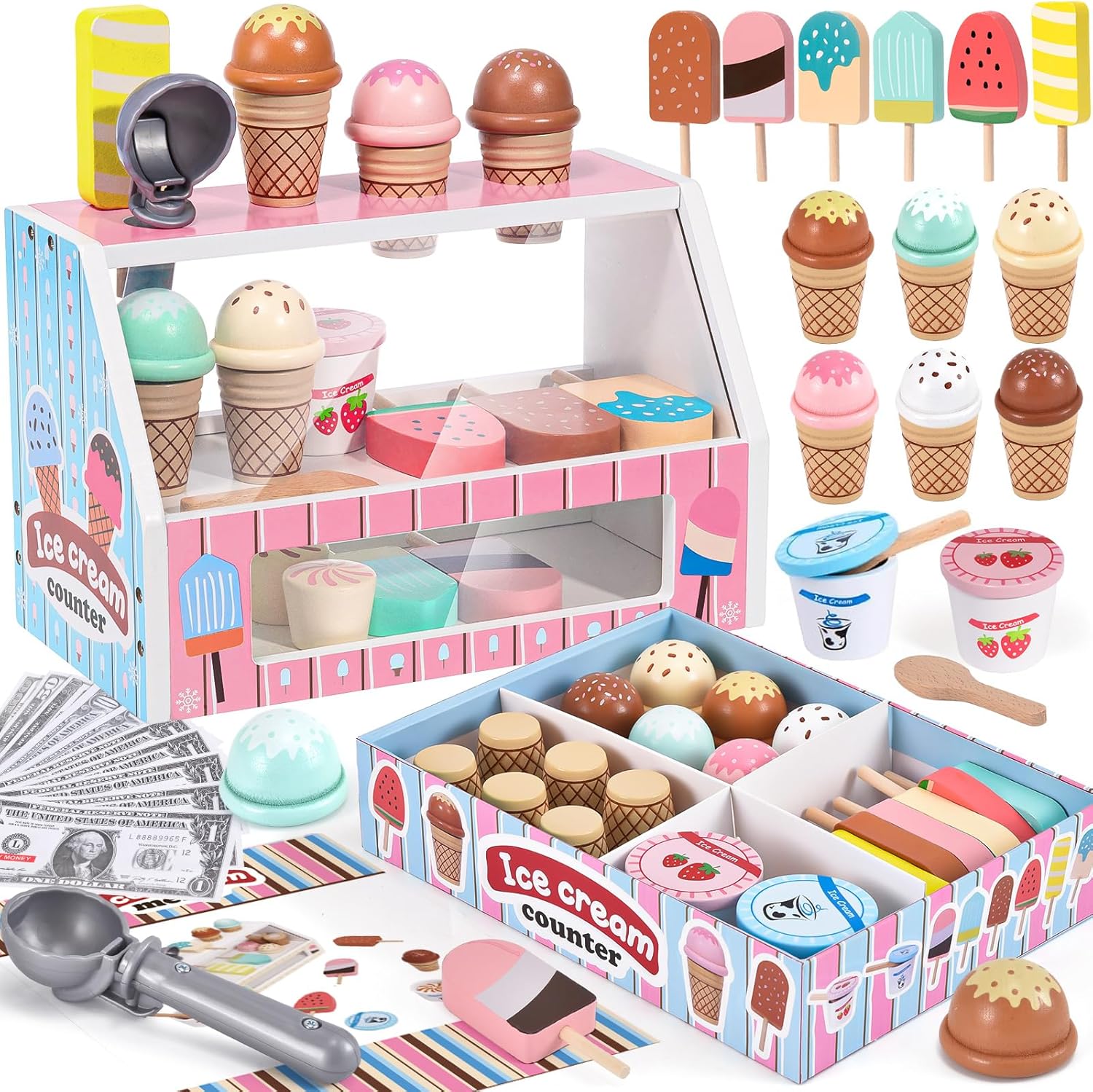 Wooden Ice Cream Toys Kids Kitchen Play Store for Toddlers Girls